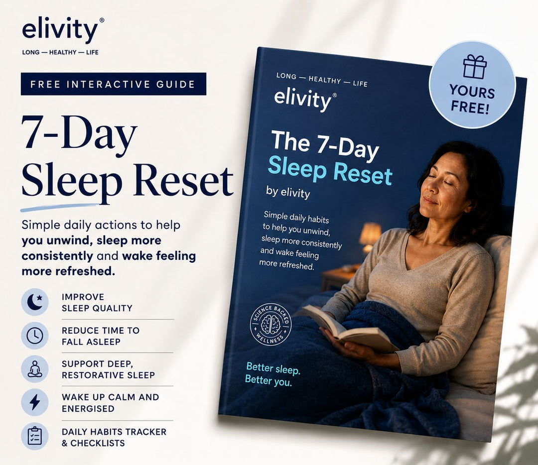 Promotional graphic for the elivity 'The 7-Day Sleep Reset' book, showing the front cover on the right with a woman reading and a 'Yours Free!' badge, alongside marketing text on the left offering a free interactive guide.
