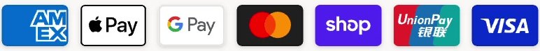 Accepted: American Express, Apple Pay, Google Pay, Mastercard, Shop Pay, UnionPay, Visa