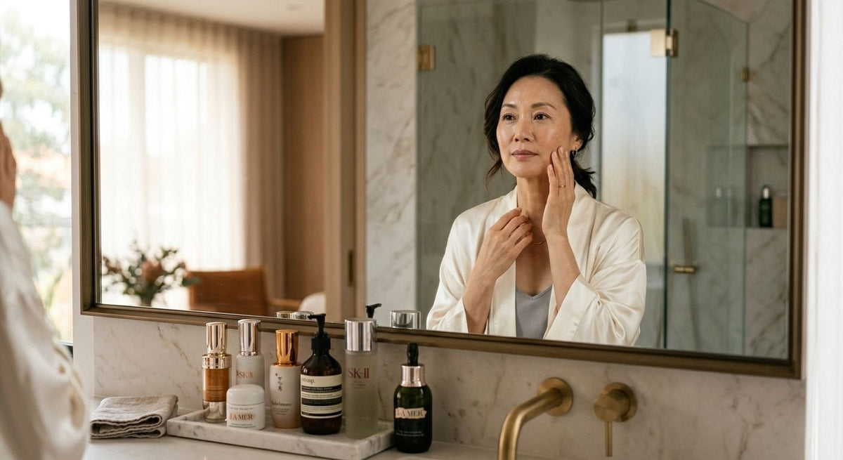 Woman in her 40s examining her skin in a bathroom mirror