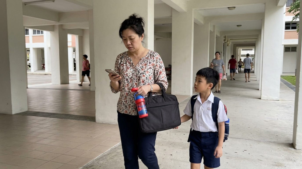 Mother checking her phone while walking her son to school past an HDB block
