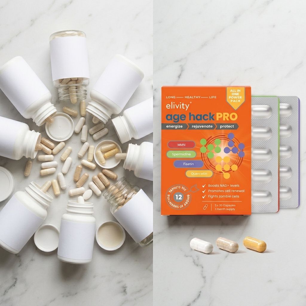 A cluttered pile of supplement jars next to one age hack PRO box with three capsules