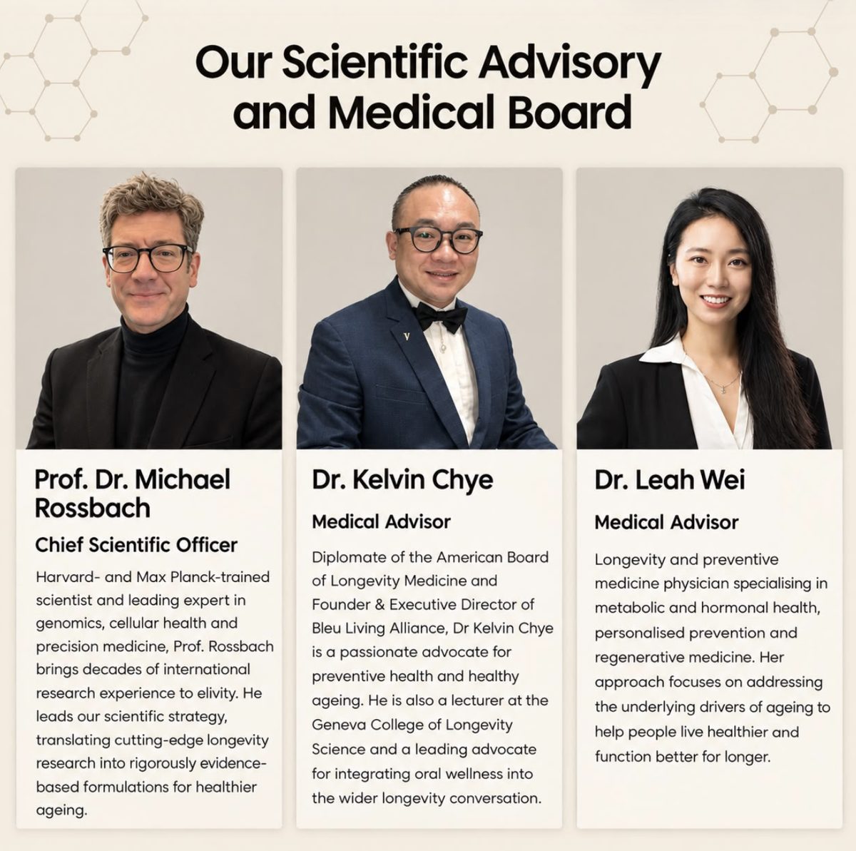 elivity’s scientific advisory and medical board: Prof. Dr. Michael Rossbach, Dr. Kelvin Chye and Dr. Leah Wei