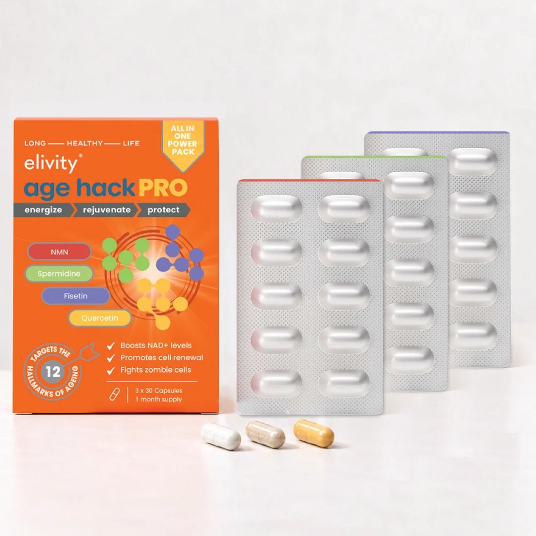 age hack PRO box with energy, rejuvenation and protection blister strips and three capsules