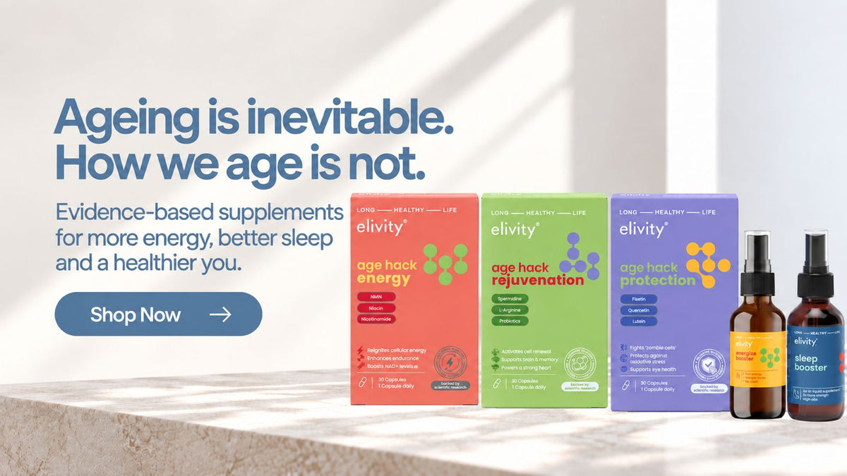 A promotional banner for elivity supplements showing three colorful product boxes and two amber dropper bottles on a light stone surface against a bright white background. Large text on the left reads, 'Ageing is inevitable.