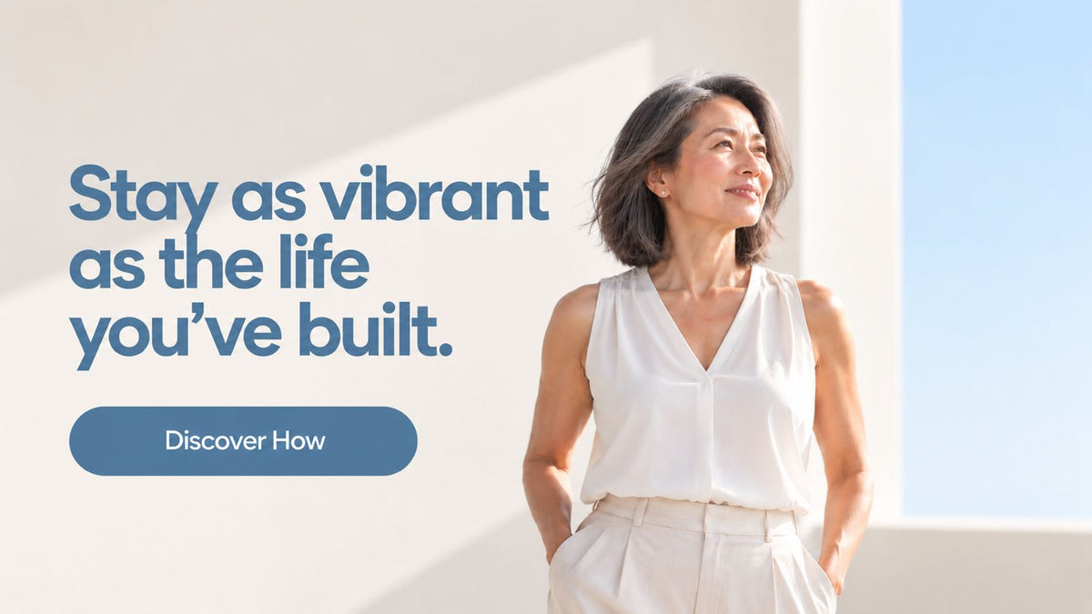 A woman in a white sleeveless top and light pants stands by a bright window, smiling and looking upward. Large blue text on the left reads, 'Stay as vibrant as the life you’ve built.