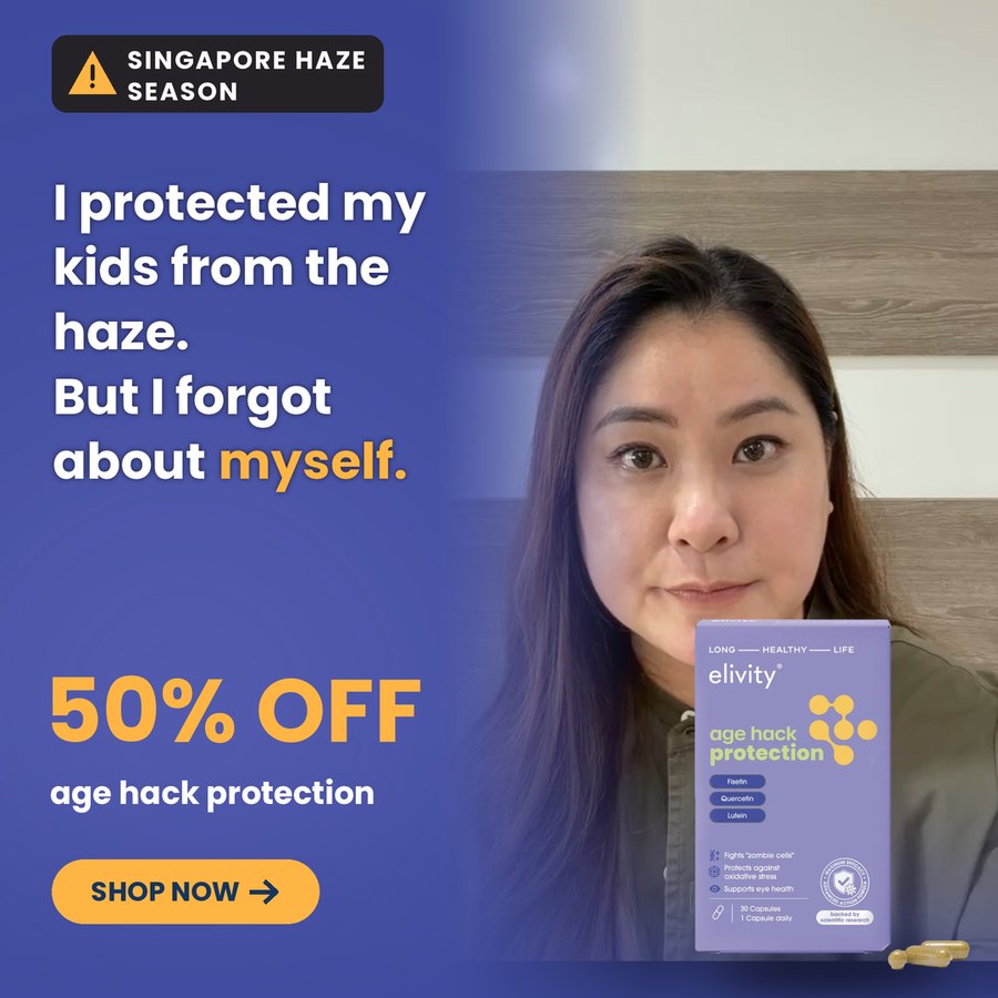A Singapore mum holding a box of age hack protection beside the words: I protected my kids from the haze. But I forgot about myself.